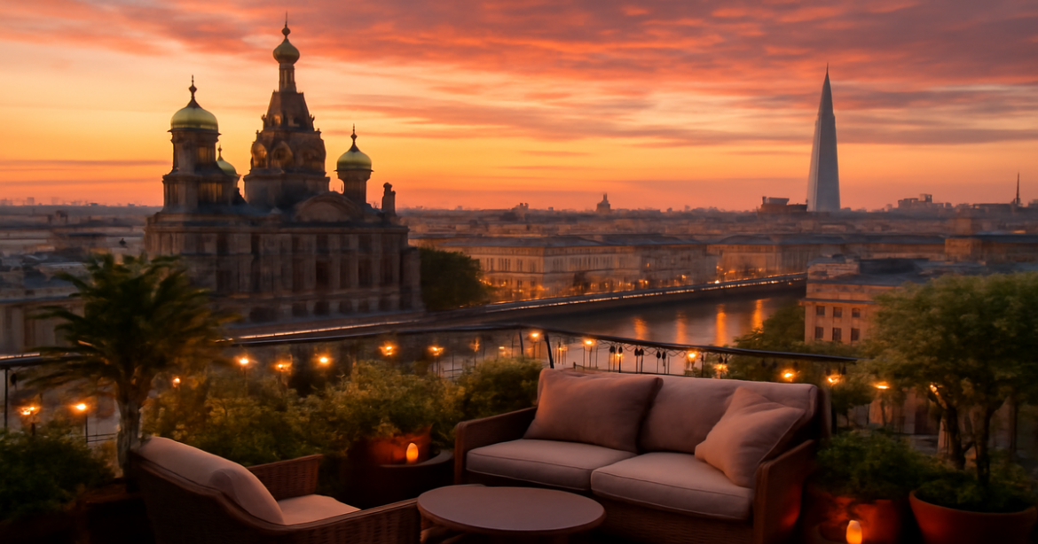 Explore top отели в Санкт-Петербурге with a scenic view of the city at sunset.