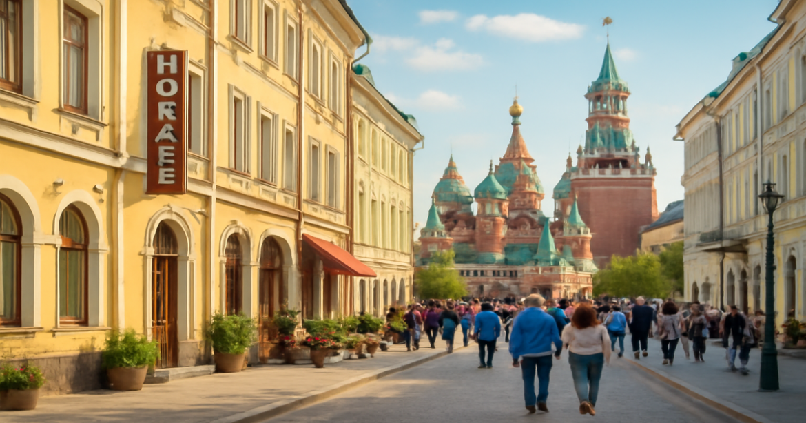 Explore where to stay in Moscow with this vibrant scene of hotels and landmarks.