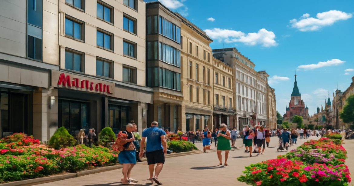 Explore the best отели в Москве with a vibrant street scene showcasing diverse accommodations.