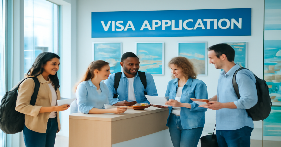 A scene depicting the process of получение визы для поездки, capturing the excitement of travel.
