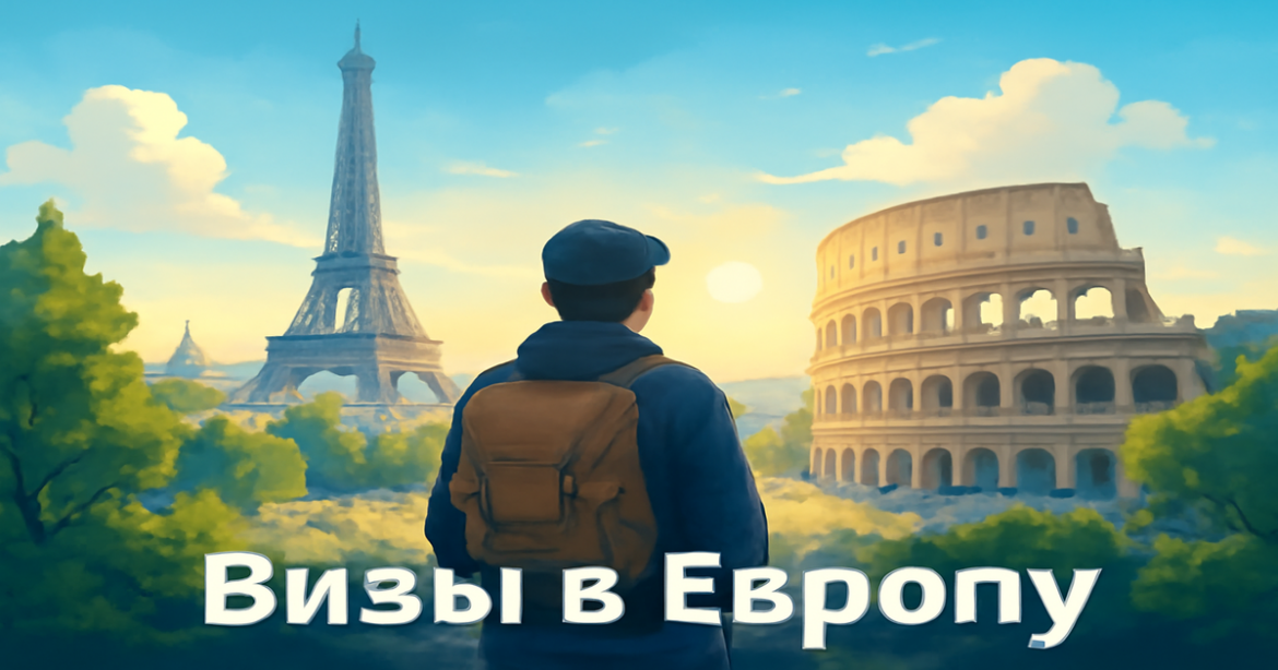 A captivating image representing визы в Европу, showcasing famous landmarks and a traveler in a beautiful European city.