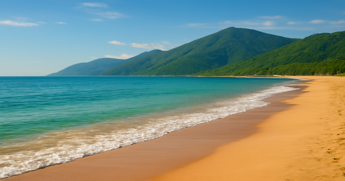 Stunning beach view in Sochi, showcasing an ideal отпуск в России with mountains and clear skies.