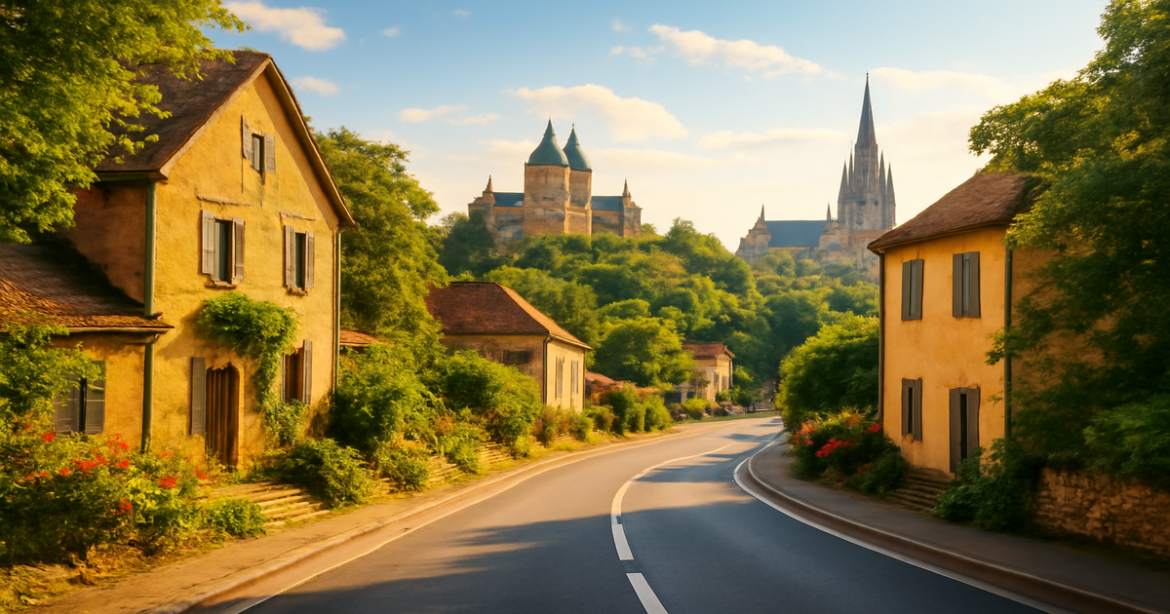 A stunning view of a 'маршрут по Европе' showcasing European landmarks and scenic roads.