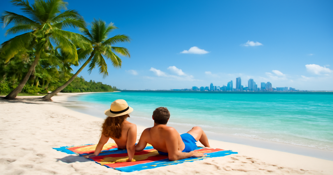Explore идеальный отпуск 2024 with a beautiful beach scene capturing travel and relaxation.