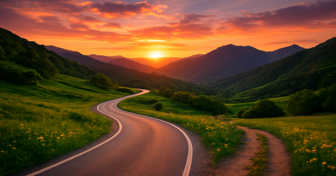 Scenic view of ideal маршруты для самостоятельных путешествий with a vibrant sunset and lush landscapes.
