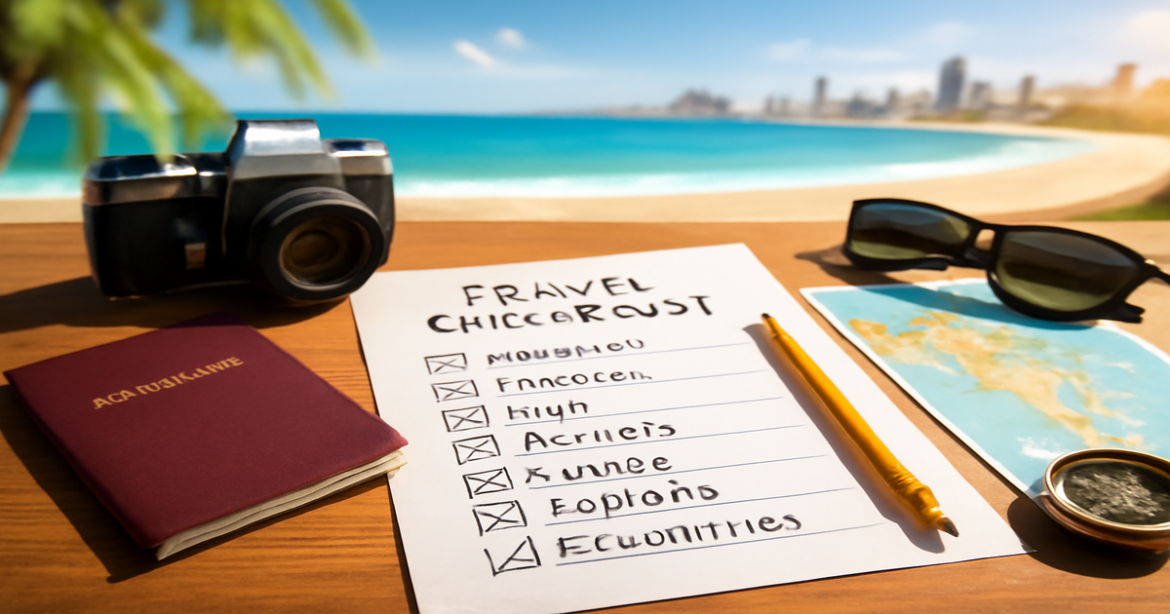 Inspiring image depicting подготовка к поездке with travel essentials and a beautiful travel backdrop.