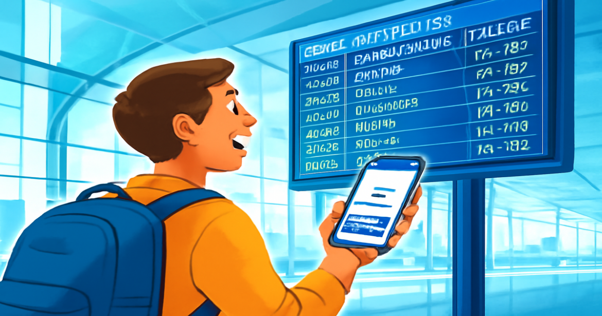 A traveler at an airport exploring how to buy an airline ticket in 2026.