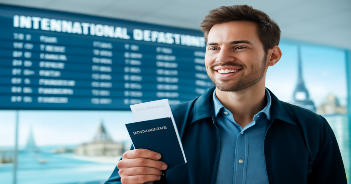 A traveler preparing for a journey, highlighting оформление визы at the airport.