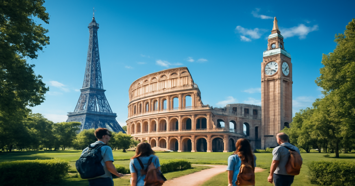 Capture the essence of a виза в Европу with stunning landmarks and vibrant travel scenes.