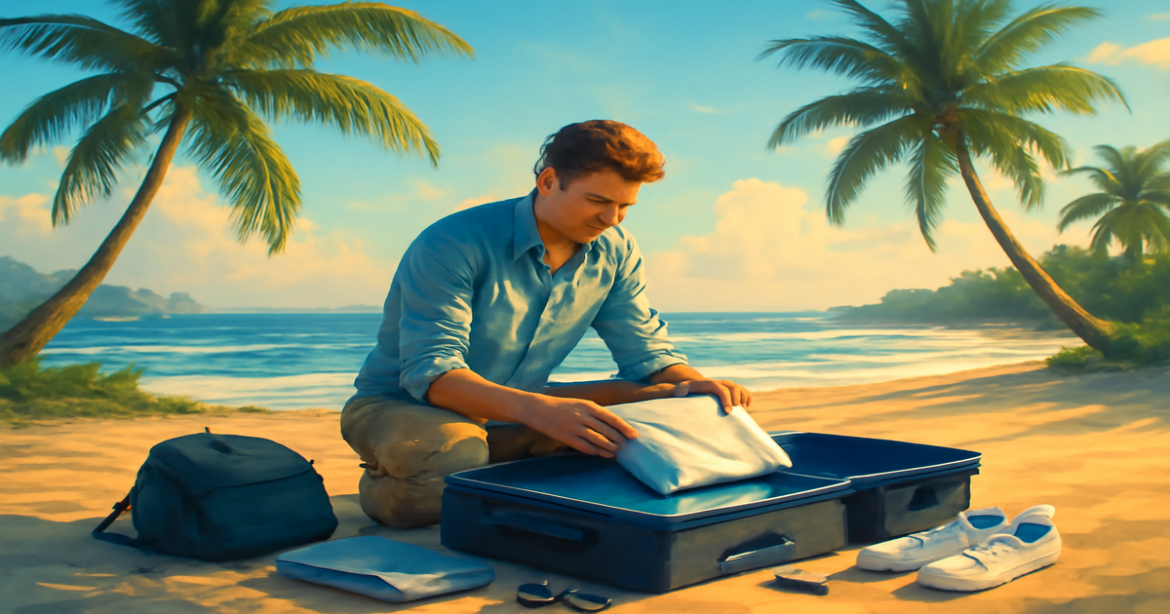 Inspiring scene of a traveler focused on подготовка к путешествию at a beautiful beach.