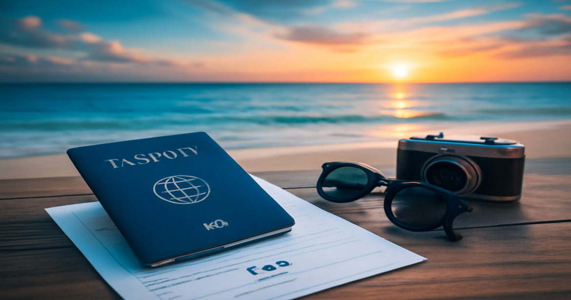 Explore how to get a visa with our inspiring travel guide image featuring a passport on a beach.