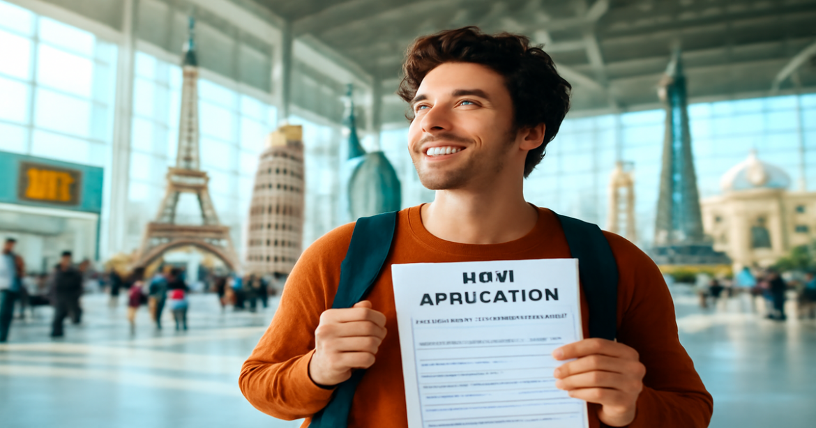 Inspiring image of a traveler preparing for получение визы at an airport, with landmarks in the background.
