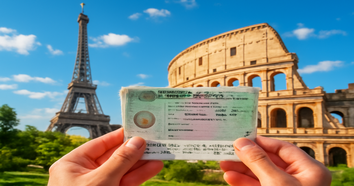 Traveler with a виза Шенген in front of iconic European landmarks, symbolizing exciting travel adventures.