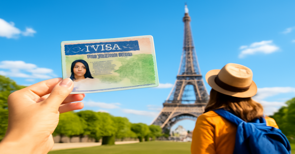 A traveler with a visa in Europe in front of a famous landmark, inspiring travel adventures.