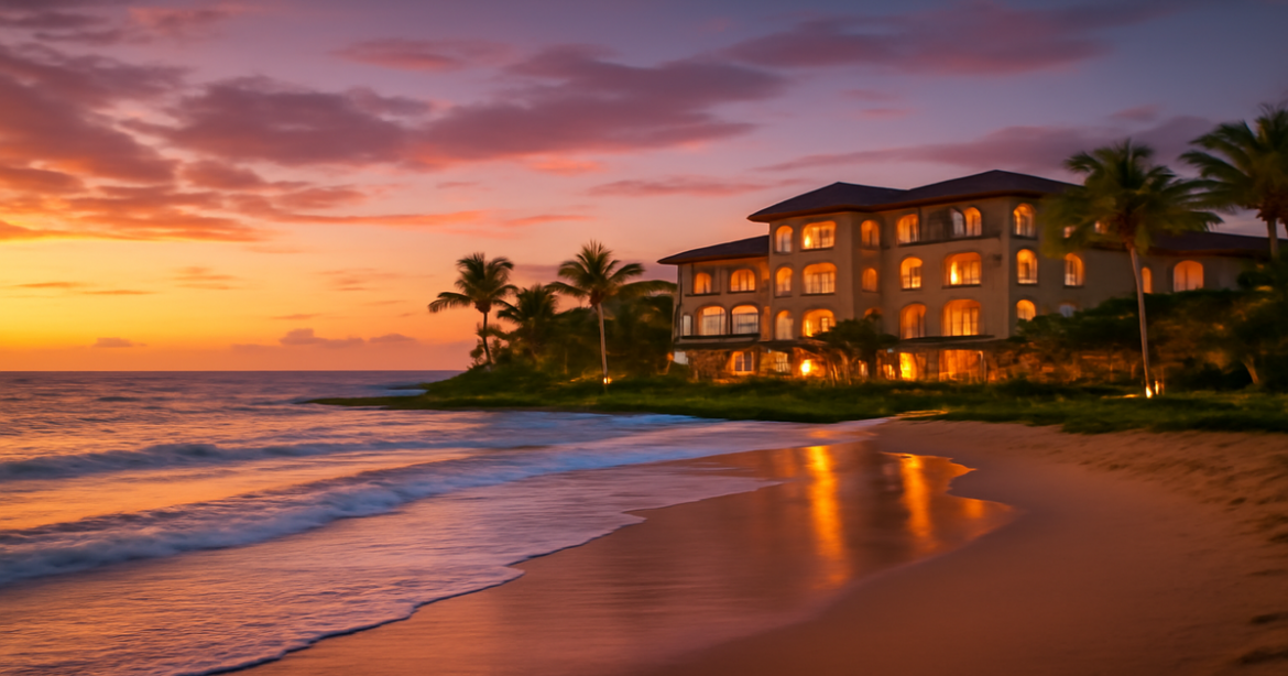 A beautiful beach hotel scene, perfect for understanding выбор отеля for an ideal vacation.