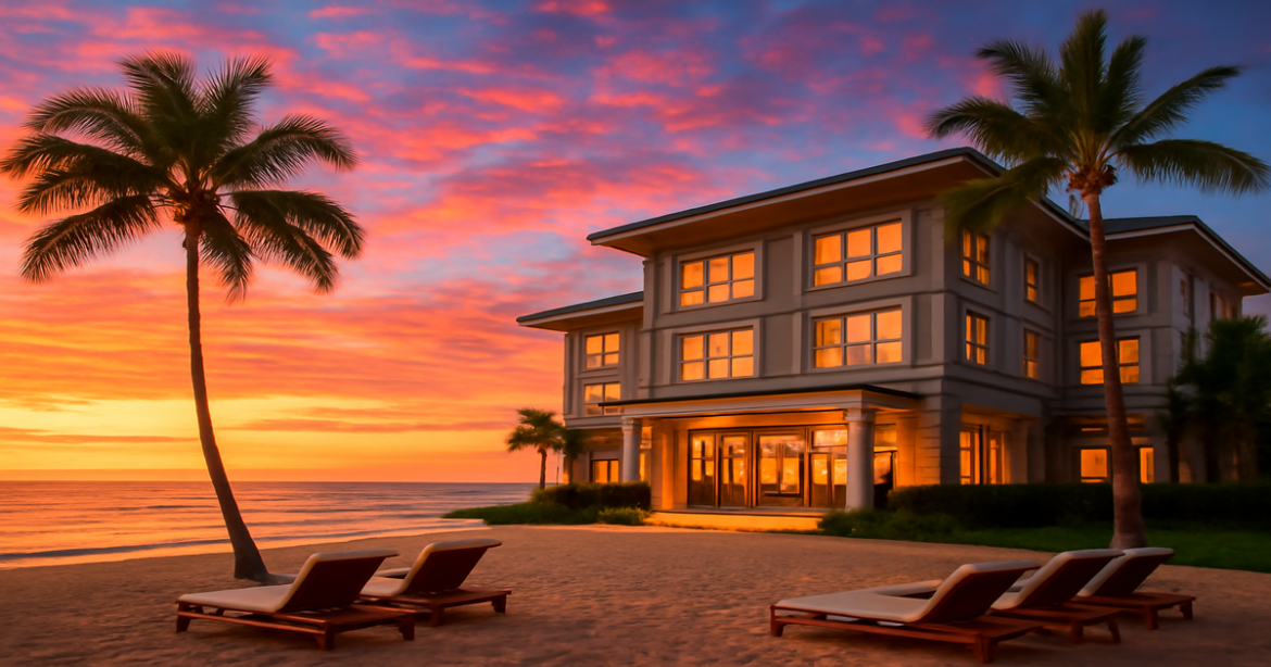 Stunning beach hotel at sunset, highlighting правильный выбор отеля for a perfect vacation.