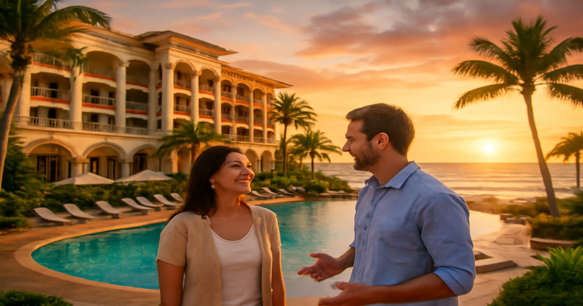 A luxurious hotel by the beach, emphasizing правильный выбор отеля for an unforgettable vacation.
