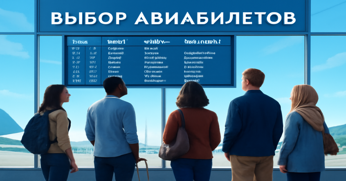 A vibrant airport scene highlighting the выбор авиабилетов process with travelers and airplanes.