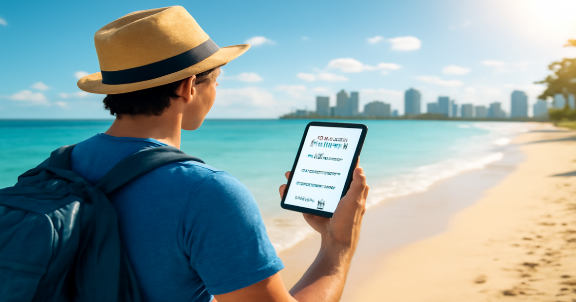 Inspiring image illustrating выбор авиабилетов with a traveler at a beautiful beach destination.