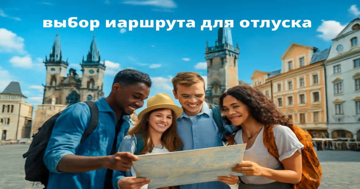 A vibrant scene of travelers planning their vacation, illustrating выбор маршрута для отпуска.