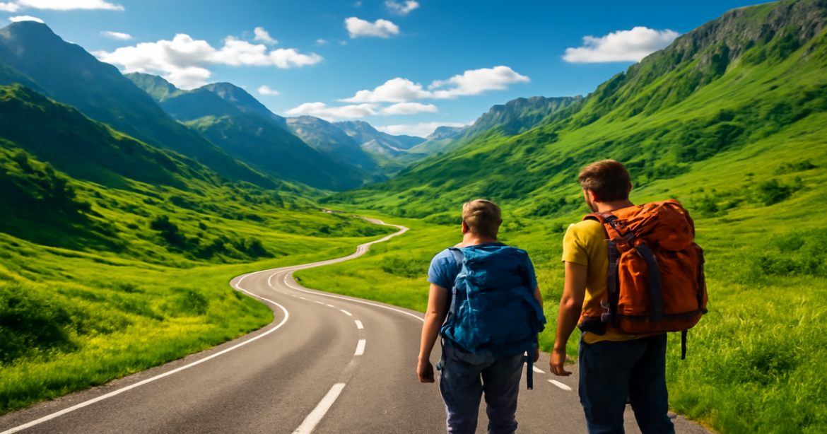 Stunning landscape illustrating выбор маршрута для поездки with a scenic road through mountains.