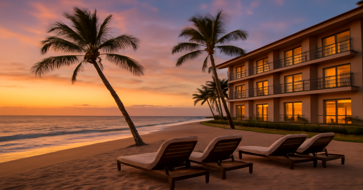 Explore the perfect выбор отеля with this beautiful beachside hotel scene at sunset.