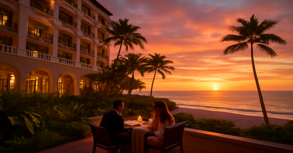 Beautiful hotel by the beach at sunset, highlighting важный выбор отеля for an unforgettable vacation.