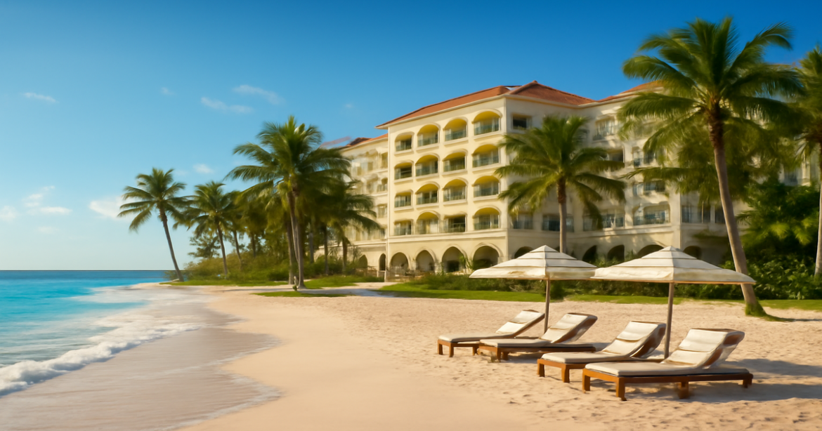 A picturesque beachfront hotel setting, ideal for выбор отеля на пляже.