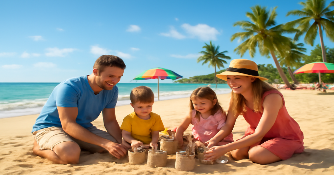 Family enjoying a курорт для отдыха с детьми at a sunny beach, perfect for family vacations.