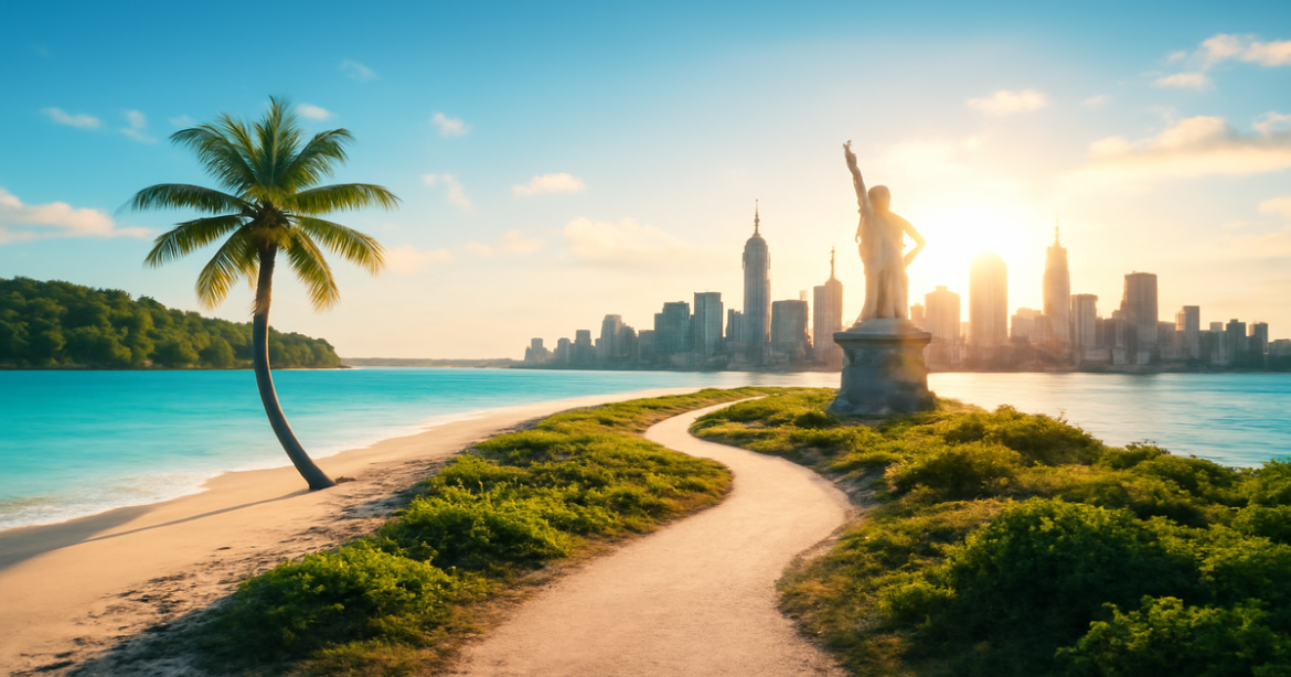 Inspiring image illustrating выбор маршрута для путешествия with a beach and city skyline.