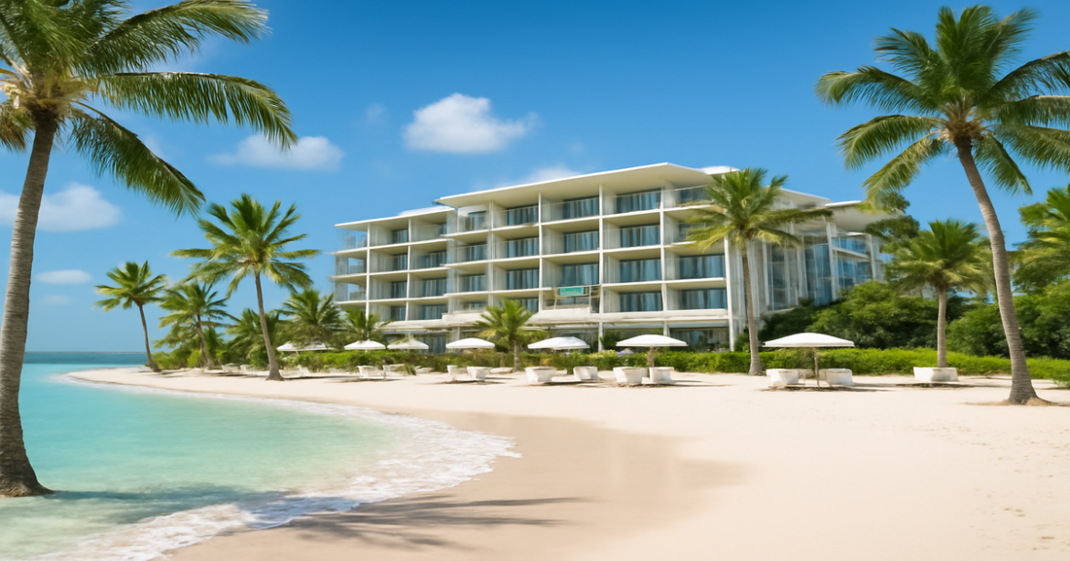Beautiful beach resort scene, perfect for выбор отеля during your next vacation.