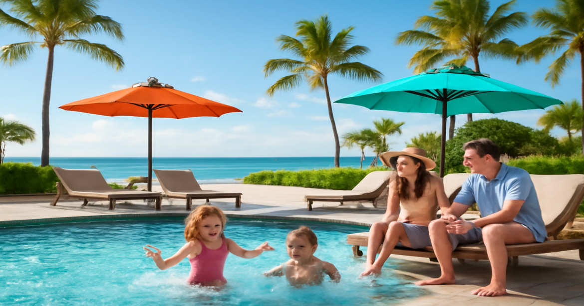 A family enjoying their time at an отель для семейного отдыха by the beach, with a pool and sunny sky.