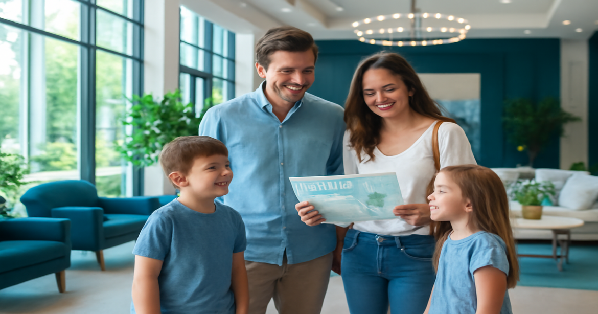 Family enjoying a hotel lobby, illustrating выбор отеля для семьи in a vibrant travel setting.