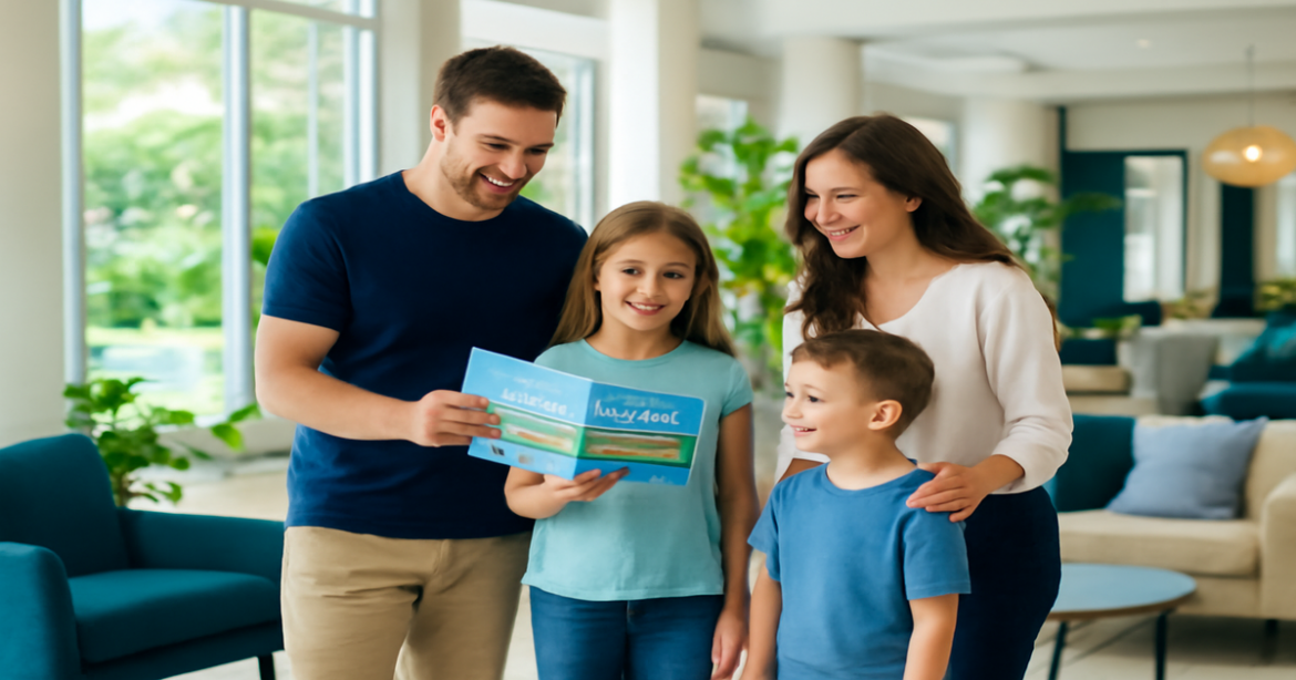 A family enjoying their stay while choosing the best отель для семьи in a welcoming hotel lobby.