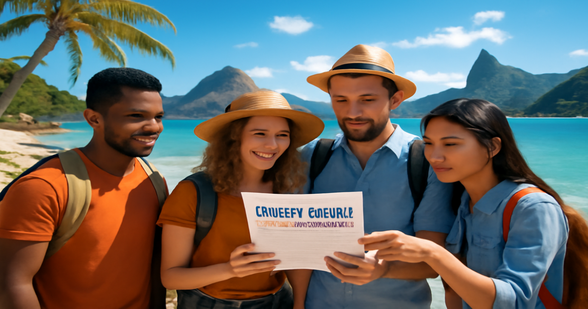 A captivating scene illustrating выбор визы для путешествия with travelers at a beautiful beach.