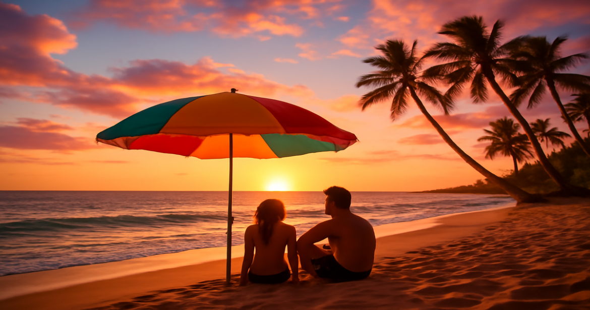 A beautiful beach scene showcasing the perfect пляжный отдых сезон during sunset.