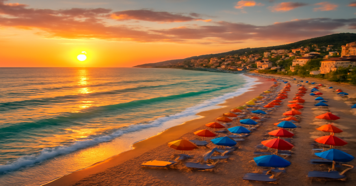 Beautiful view of курорты Черного моря with beaches, sunset, and charming towns for a perfect vacation.