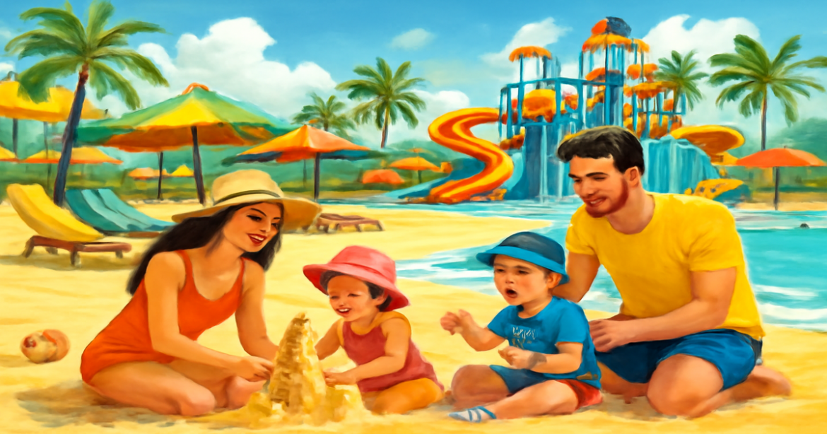 A family enjoying their time at курорты для отдыха с детьми on a sunny beach, creating joyful vacation memories.
