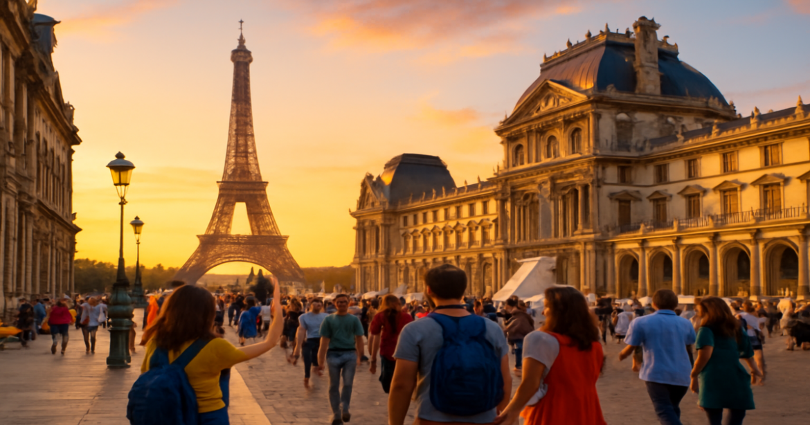 Explore the best экскурсии в Париже with a stunning view of iconic landmarks at sunset.