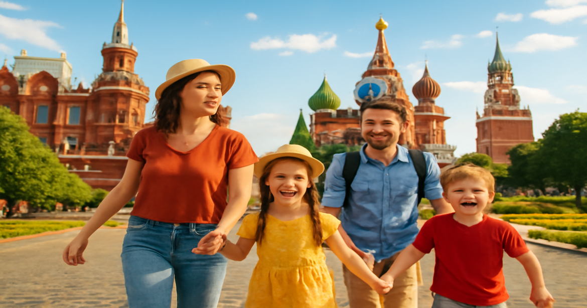 Explore семейный отдых в России with a family enjoying their time in a beautiful Russian city.