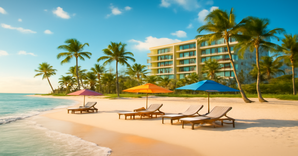 Beautiful beach resort for a memorable пляжный отдых in 2024, featuring sand, ocean, and palm trees.