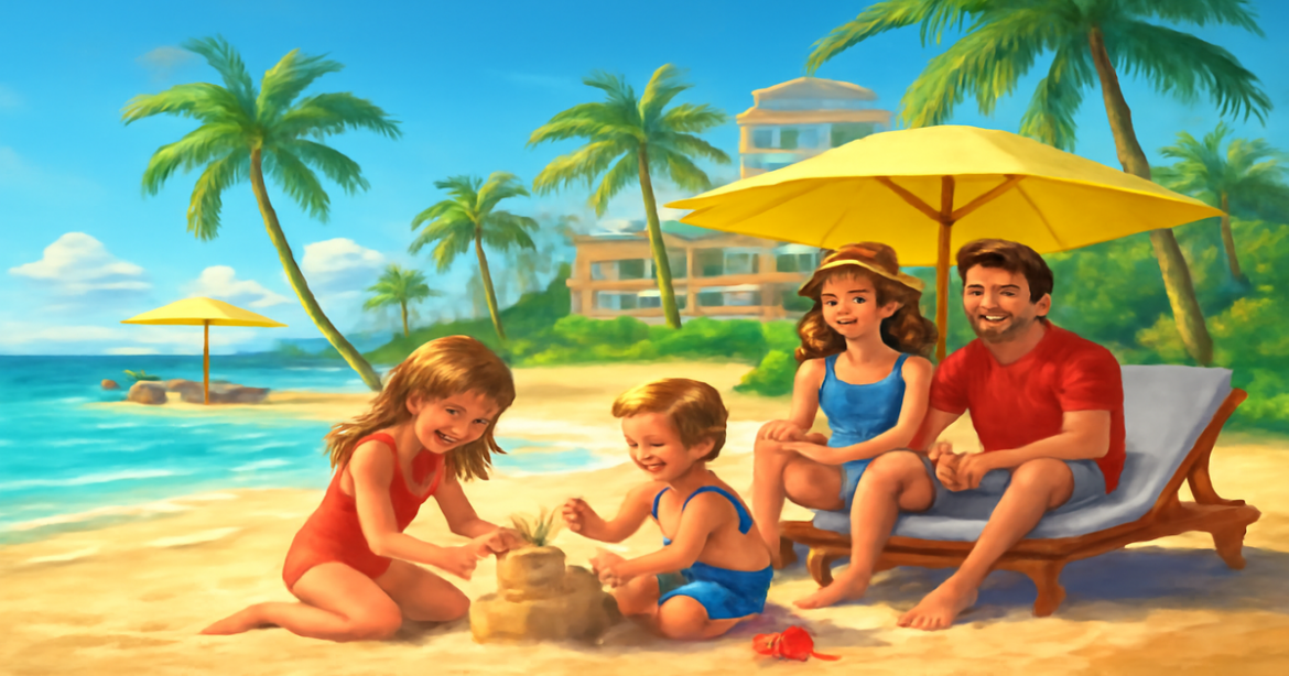 Family enjoying time at a beach resort, highlighting семейный отдых курорты in an inviting setting.