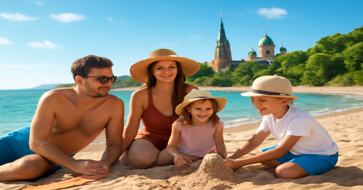 Family enjoying a sunny day at курорты России, perfect for unforgettable vacations in 2026.