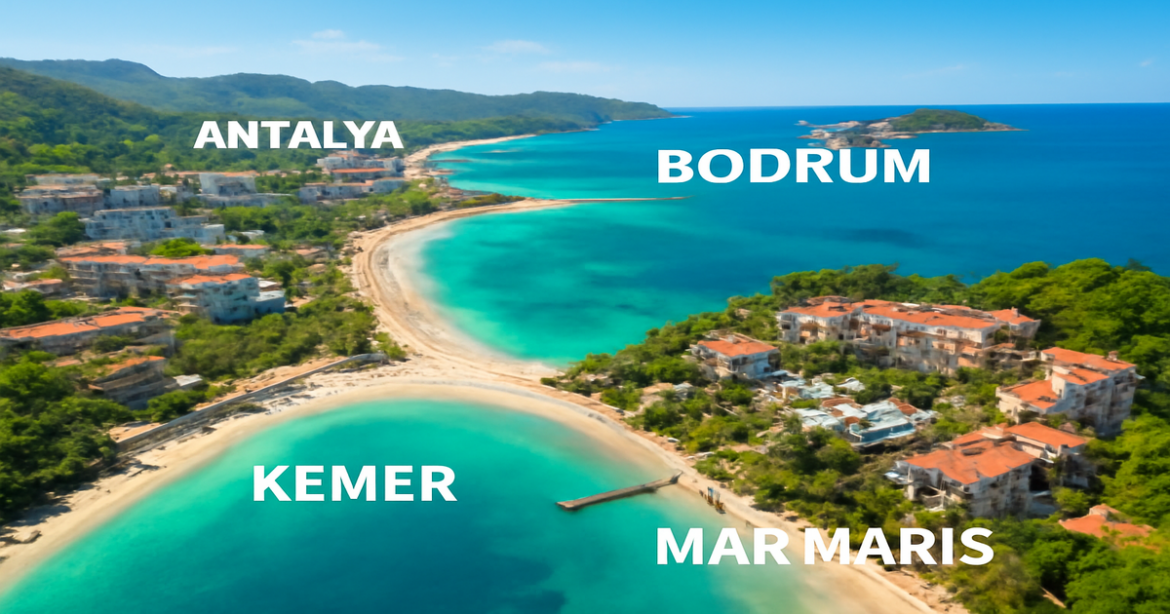 Beautiful aerial view of курорты Турции, featuring turquoise waters and luxurious resorts.