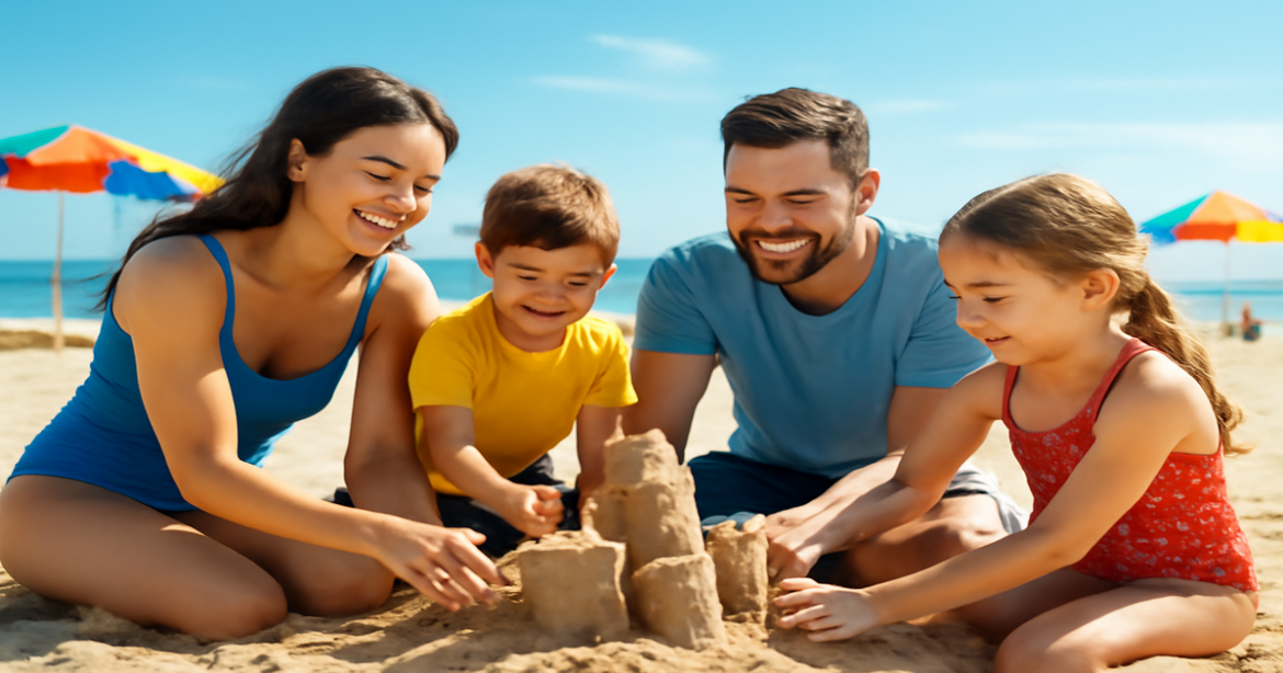 A joyful family beach scene, perfect for семейный отдых and family vacations.