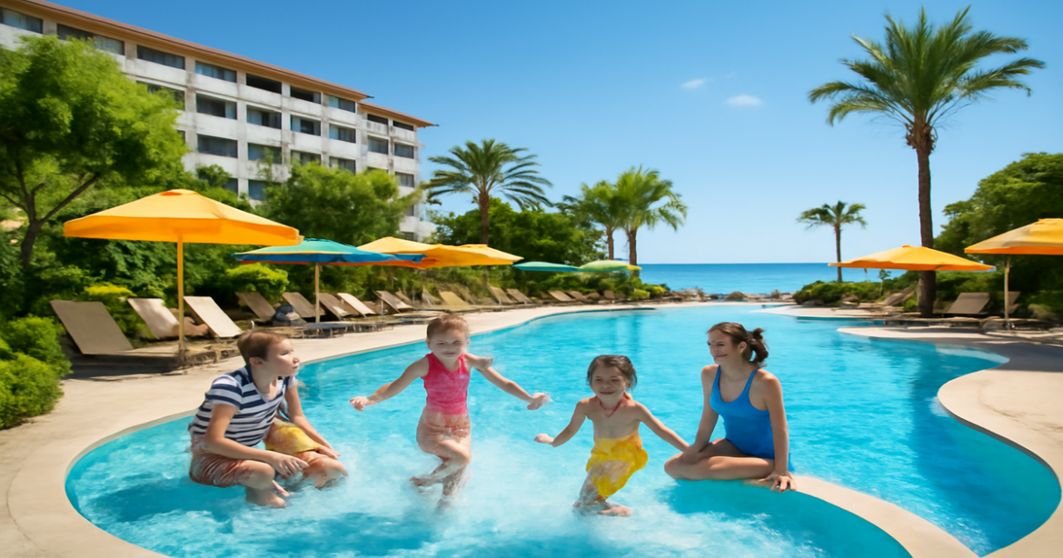 Explore the best отели для отдыха с детьми в Турции with this vibrant family-friendly hotel image.