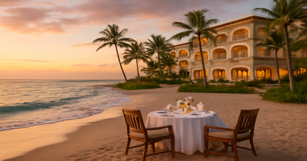 Discover лучшие отели для романтического отдыха with a stunning beachside hotel and a romantic dinner setup.