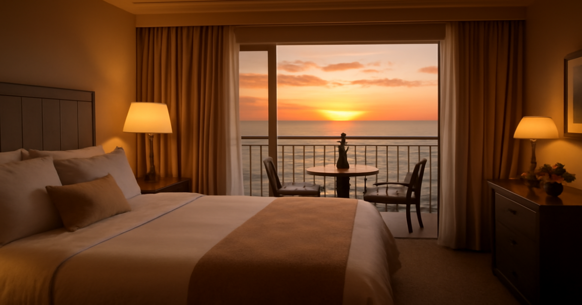 Discover the essence of романтический отдых отели with this stunning sunset view from a romantic hotel room.