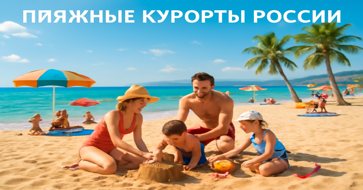 Explore пляжные курорты России with families enjoying sunny beaches and vibrant coastal activities.