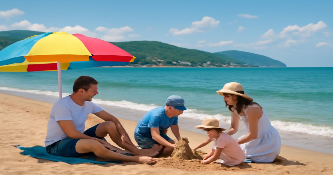 Family-friendly beach scene in Russia, perfect for summer vacations with children at семейные курорты России.